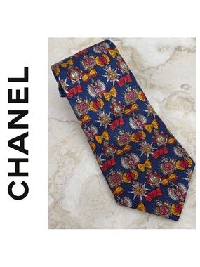 CHANEL CC Logo & Medal Pattern 100% Silk Tie Multi-Colour Authentic Luxury